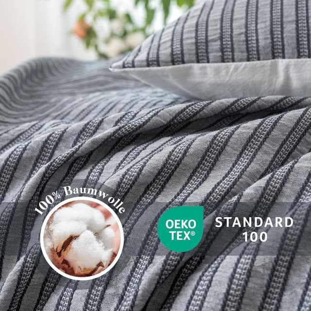 Detalle de SOULFUL Bettwäsche-Set 155x220 aus Baumwolle, gestreift (Jacquard), Graublau