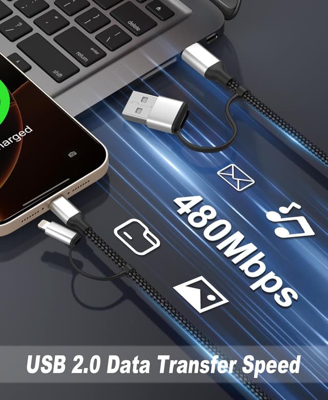 Detalle 2 de 2m 4-in-1 Multi-USB-Ladekabel (USB‑C/Lightning) für iPhone & Android – Schnellladen bis 3A