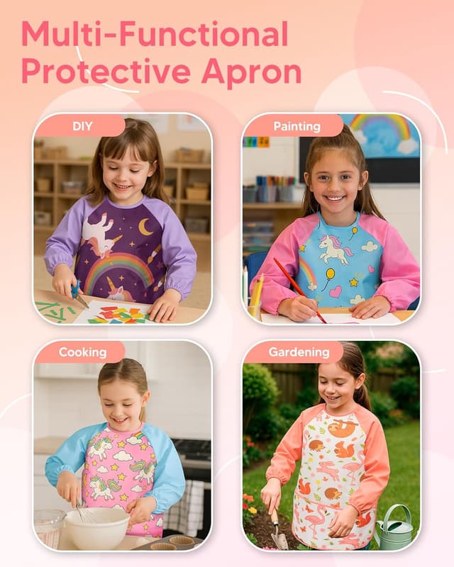 Detalle de Oiomniv Kinder Malschürze (2er-Set) – wasserdichte Malkittel mit langen Ärmeln und 3 Taschen
