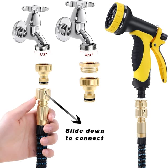 Detalle de Expandable Garden Hose 25ft with 1/2" & 3/4" Brass Fittings and 10-Function Spray Gun