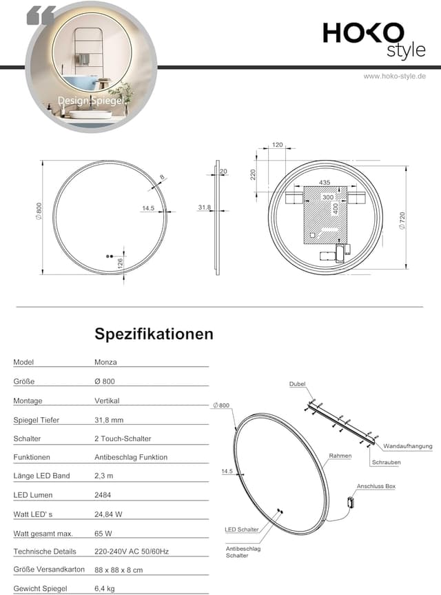 Detalle 2 de HOKO Specchio da Parete Rotondo 80 cm con LED, antiappannamento e comando touch