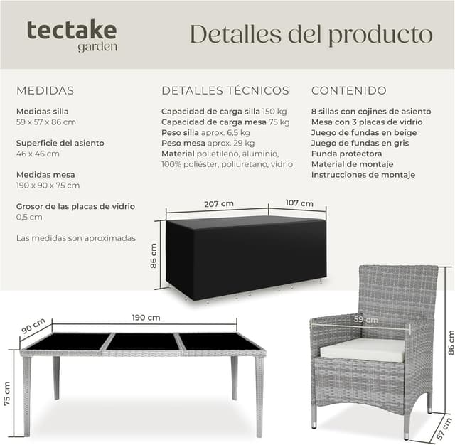 Thumbnail 5 de tectake® Conjunto Jardín Ratán 8 sillas