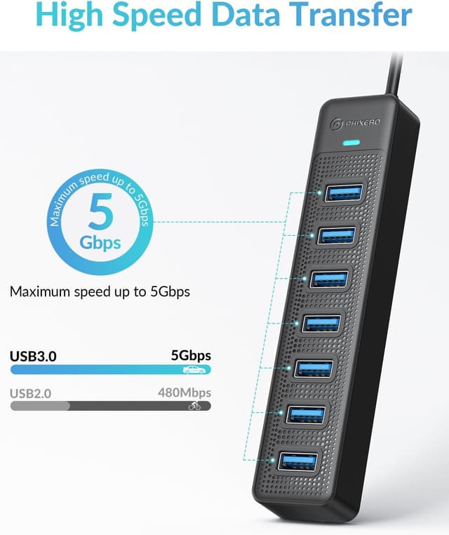 Detalle de PHIXERO 7-Port USB 3.0 Hub mit 100 cm Kabel (5 Gbit/s, 7 Anschlüsse)