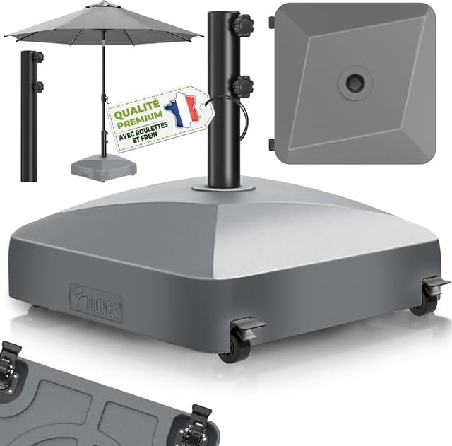Detalle de Pied de parasol tillvex® GRAVIA à roulettes et freins (remplissage 37 L / jusqu’à 56 kg) pour mât Ø 1,8 à 3,7 m