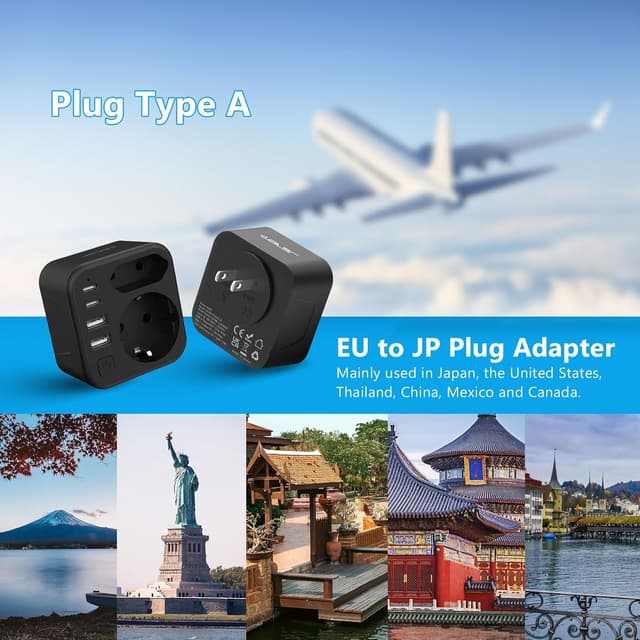 Detalle 2 de JSVER adattatore di viaggio internazionale 6 in 1 nero con 2 USB‑C e 2 USB‑A (spina Tipo A)