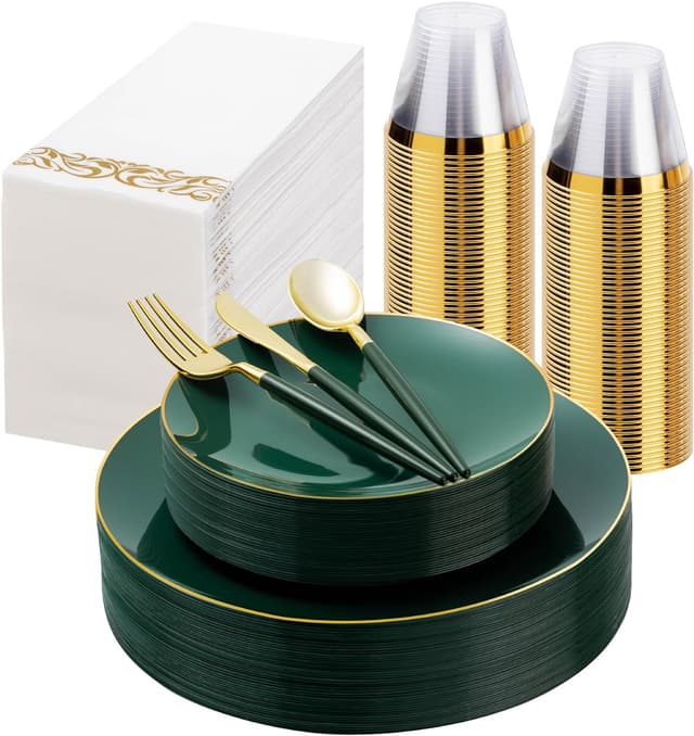 Imagen de 175-Piece Green Gold Plastic Dinnerware Set en OfertitasTOP