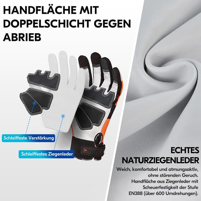 Detalle 2 de Kettensägeschutzhandschuhe Vgo... EN381-7, Klasse 1 (20 m/s) – Schnittschutz aus Ziegenleder und PVC