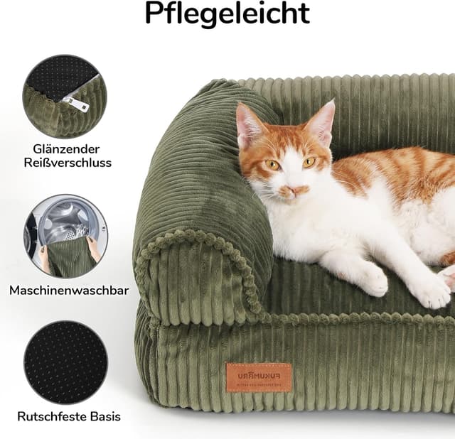 Detalle 2 de FUKUMARU Katzensofa-Bett aus Cord mit waschbarem Bezug (72 x 52 x 22 cm) – Grün