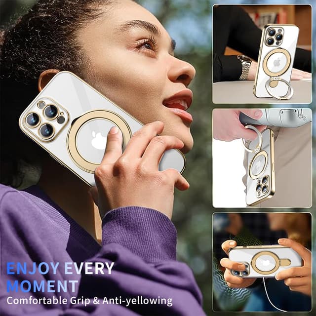 Detalle 2 de Pmteyoim Magnetic iPhone 14 Pro Case with Invisible Stand, Full Camera Lens Protection (MagSafe-Compatible) — Gold Clear Slim