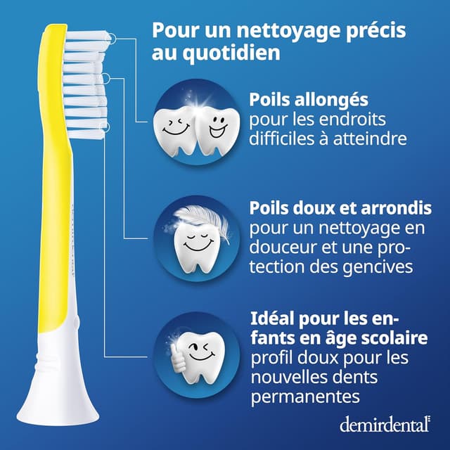 Detalle de Têtes de brosse demirdental pour Philips Sonicare Kids (7 à 10 ans) – Jaune, lot de 8, compatibilité HX6048/HX6044