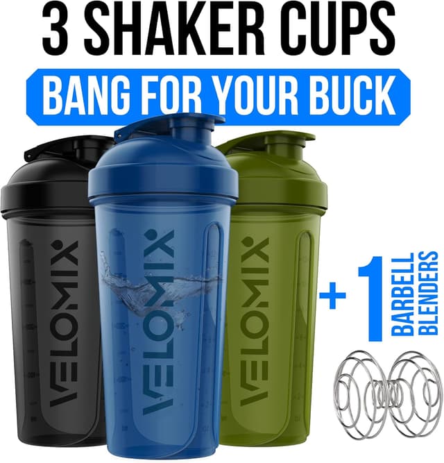 Detalle 2 de VELOMIX 3-Pack 18 oz Protein Shaker Bottles with Wire Whisk (Leak Proof, Stackable, Dishwasher Safe)