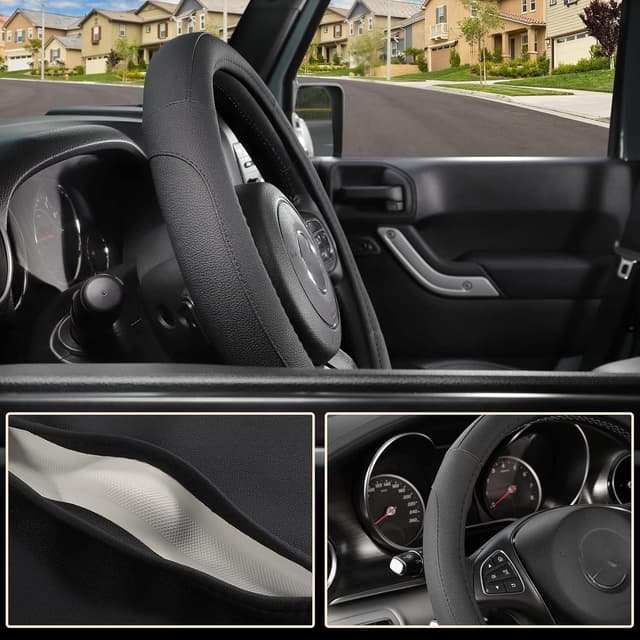 Detalle de SEG Direct Microfiber Leather Steering Wheel Cover (Black) for 15.5–16 in Wheels