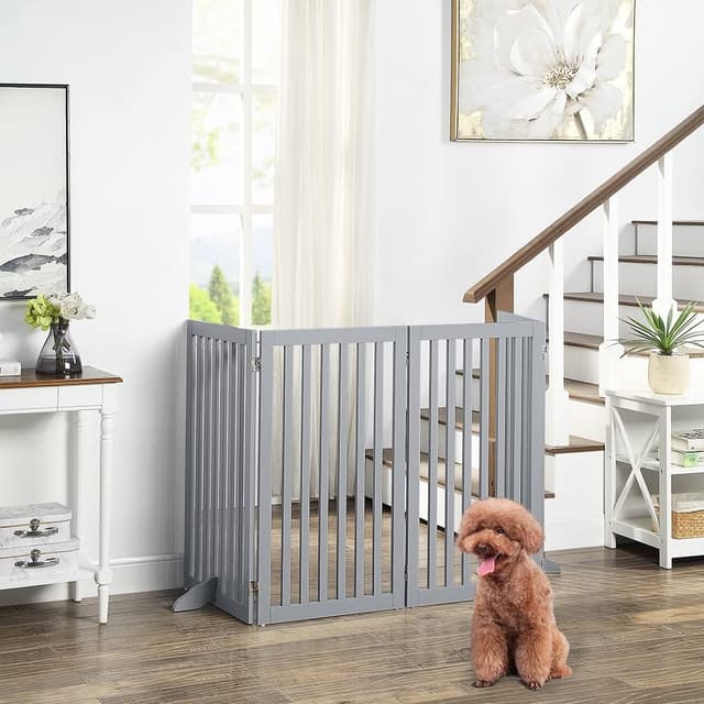Detalle de unipaws Freestanding Pet Gate (Folding Wooden Dog Gate) – Light Grey, 203cm wide, 91cm high, 4 panels