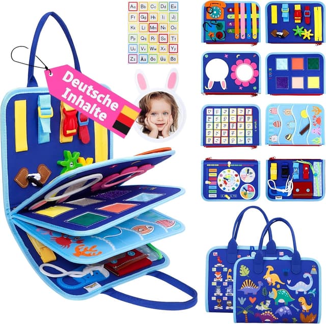 Detalle de JHkim Montessori Busy Board (Deutsch) für Kinder ab 1–4 Jahre – Motorikbrett für Reise, Auto & Flugzeug