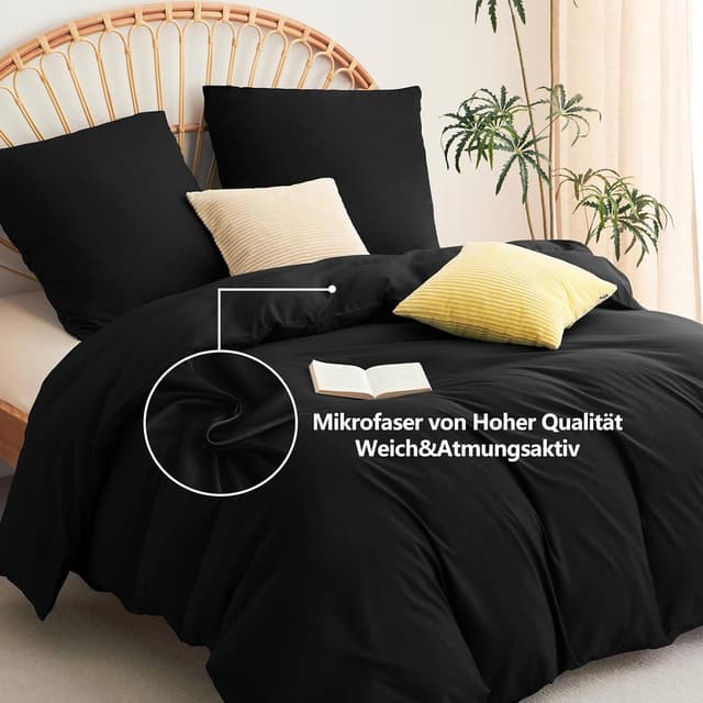 Detalle de WAVVE Bettwäsche 220x240 3-teilig Schwarz (1 Bettbezug 220x240 + 2 Kissenbezüge 80x80) aus Mikrofaser