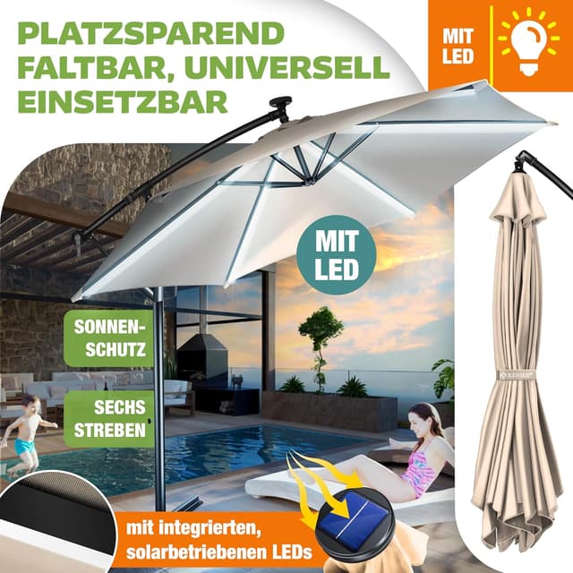 Detalle 2 de KESSER® Alu Ampelschirm LED Solar mit 24 LED, Kurbel, 360°-Funktion und Abdeckung