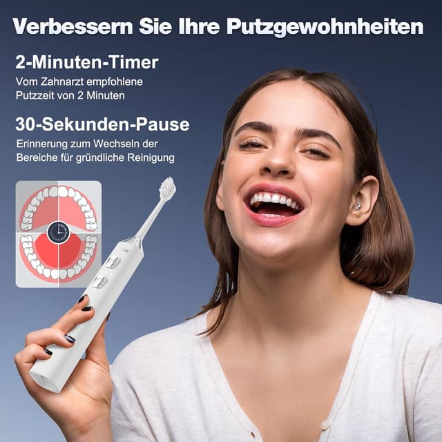Detalle de 7MAGIC Elektrische Zahnbürste & Schallzahnbürste mit 3 Intensitäten, 5 Modi, 40.000 VPM, IPX7 und 180 Tagen Akku