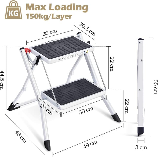 Detalle de KINGRACK Folding Step Ladder (2-Step) foldable stepladder stool with handle, non-slip mat, up to 330lb, white