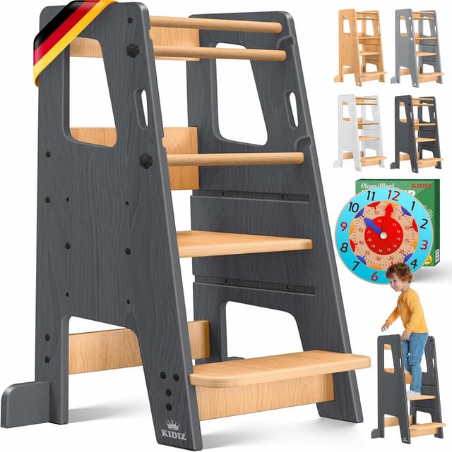 Detalle de KIDIZ® Lernturm für Kinder ab 1 Jahr inkl. Lernuhr – höhenverstellbarer Montessori Learning Tower bis 50 kg