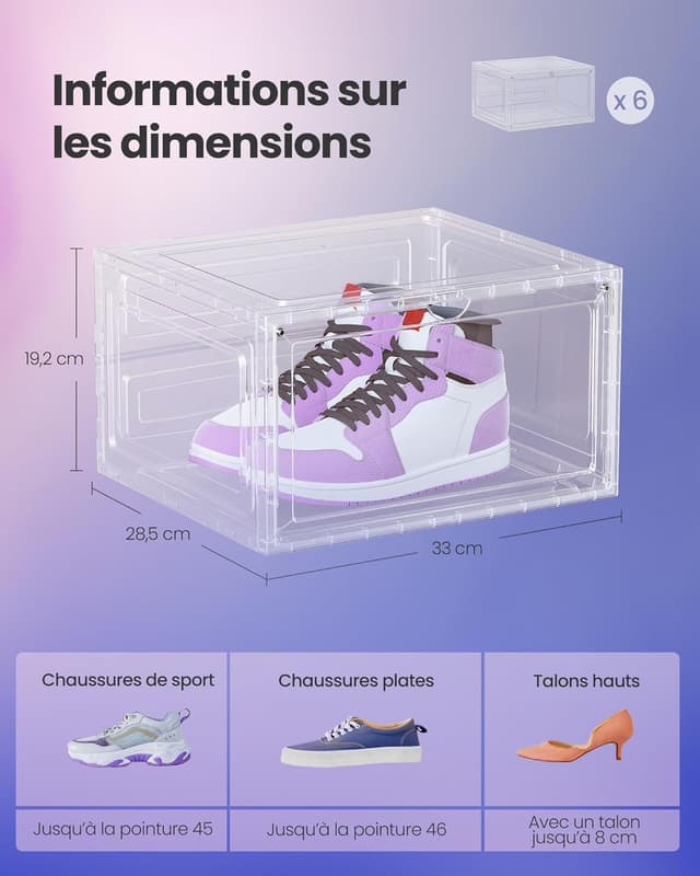 Detalle 2 de SONGMICS Lot de 6 boîtes à chaussures transparentes avec porte LSP506W01 (jusqu’à la pointure 46)