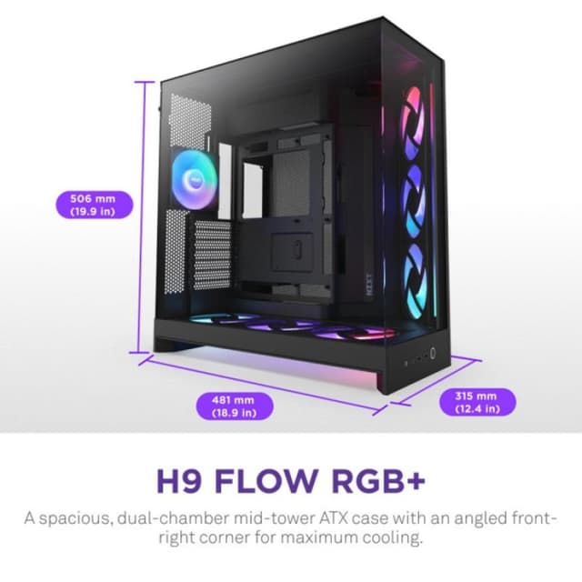 Detalle 2 de NZXT H9 Flow RGB+ negra con vidrio templado: caja ATX/EATX/mATX/Mini-ITX con iluminación multi