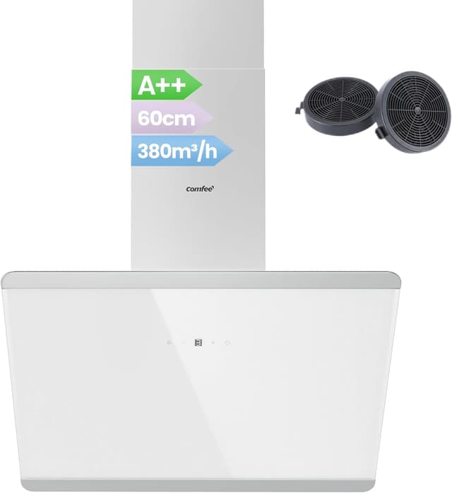 Detalle de COMFEE' CH60J64ET4A2W Dunstabzugshaube 60 cm (A++), Umluft/Abluft, 380 m³/h, Edelstahl/Glas Touch