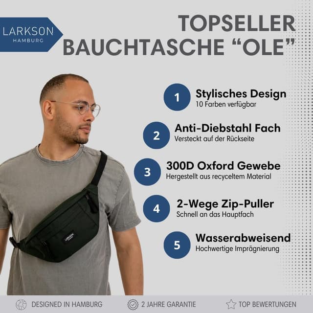 Detalle de LARKSON Bauchtasche Damen & Herren Grün „Ole“ – wassabweisende Hüfttasche für Sport, Outdoor, Stadt