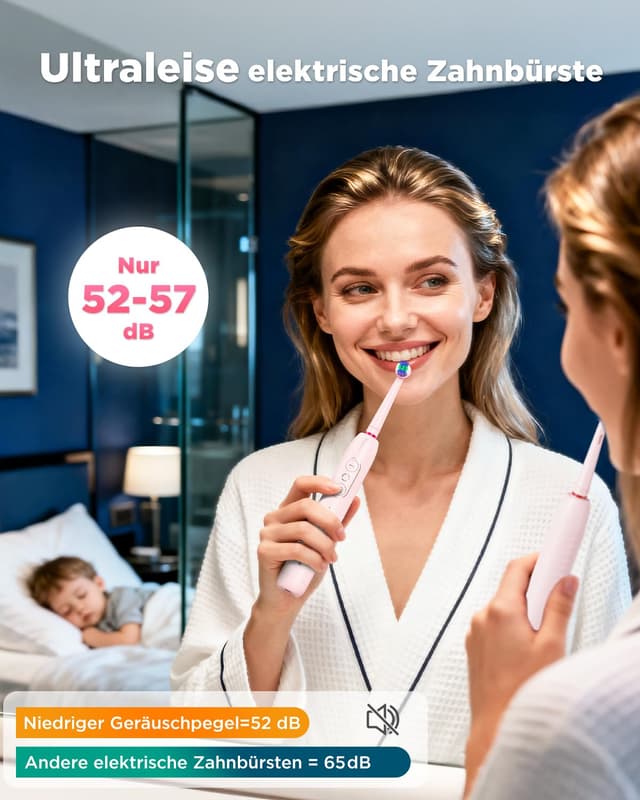 Thumbnail 6 de Rotierende elektrische Zahnbürste für Erwachsene & Kinder mit 8 Aufsteckbürsten, 3 Intensitäten, 5 Modi und Wand-Ladestation (Perlmuttrosa)