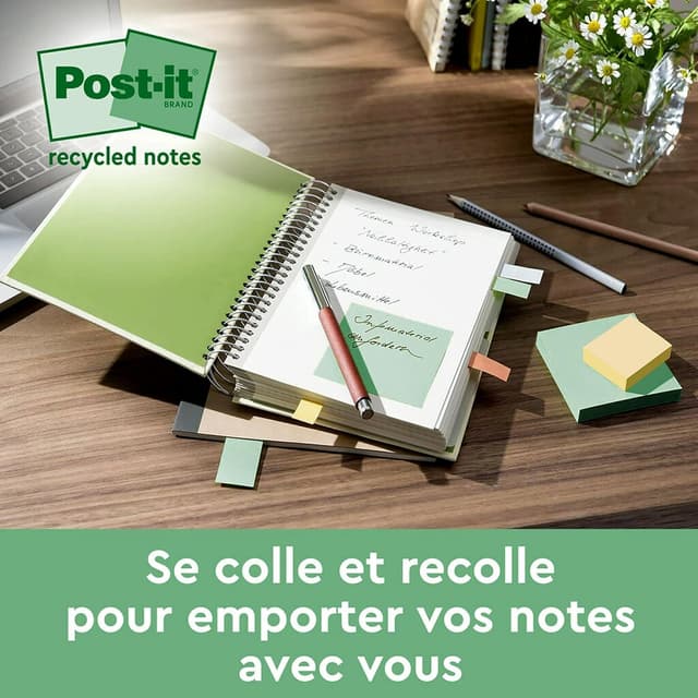 Detalle de Post-it Notes autocollantes Super Sticky recyclées – Pack de 12 blocs, 70 feuilles par bloc (47,6 × 47,6 mm)
