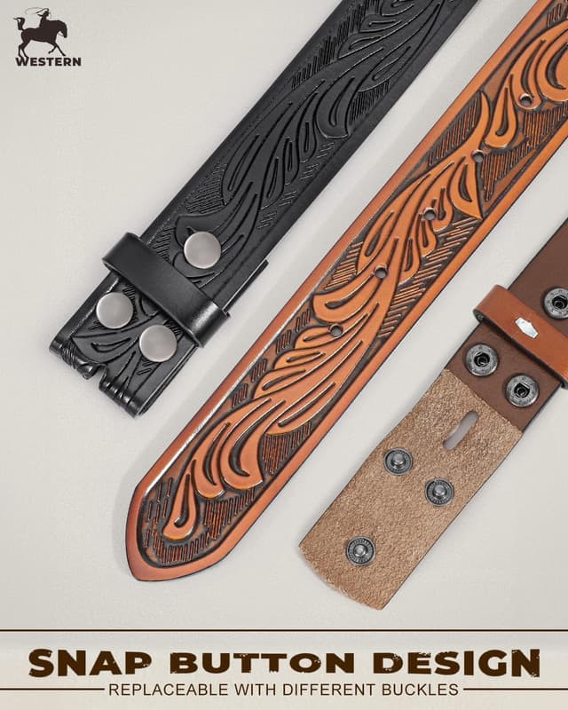 Detalle de Beltroad 2er-Set Western-Gürtel ohne Schnalle für Herren (3,8 cm) – Wechselgürtel mit Schnapp-System