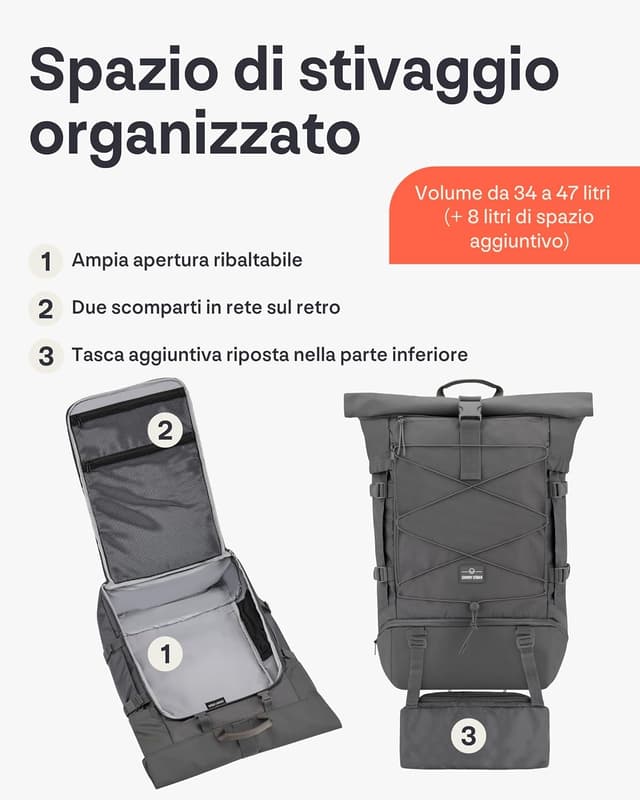 Detalle de Johnny Urban Allen Travel XL rolltop unisex da viaggio, 50 litri con scomparto per laptop 17”