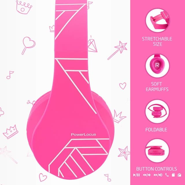 Detalle 2 de PowerLocus P2 Kids Wireless Headphones (Over-Ear) with 85dB Volume Limit, Mic, Foldable Case & Micro SD Support – Pink