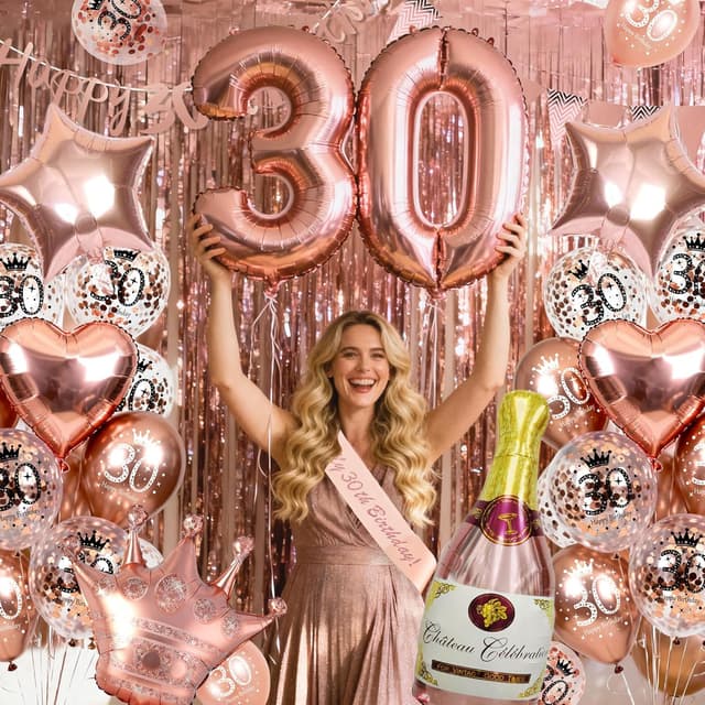 Detalle de Deko-Set zum 30. Geburtstag für Frauen „Rosegold“ – Luftballons, Happy-Birthday-Banner & Schärpe