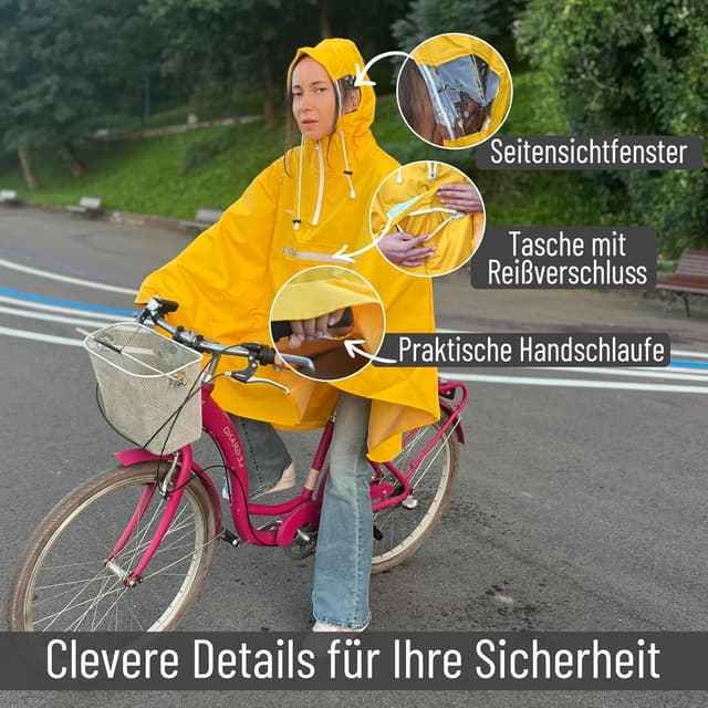 Detalle de CYCLEHERO Regenponcho fürs Fahrrad extra wasserdicht mit Reflektoren und Sichtfenstern – Regencape für Damen und Herren
