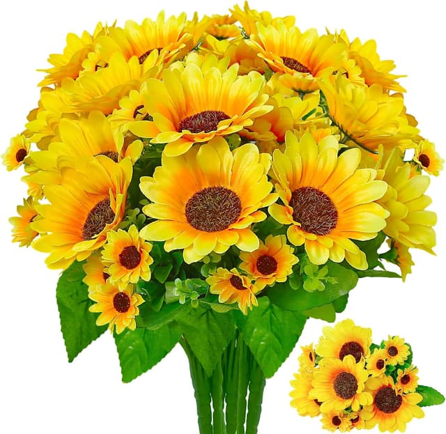 Detalle de Kinisty 4 Packs Large Artificial Sunflower Bouquets (Silk & Plastic) for Indoor/Outdoor Decoration