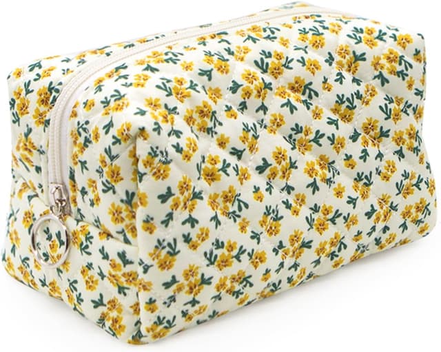 Detalle de Long Keeper Floral Small Makeup Bag (Yellow) – Portable Cosmetic & Toiletry Pouch
