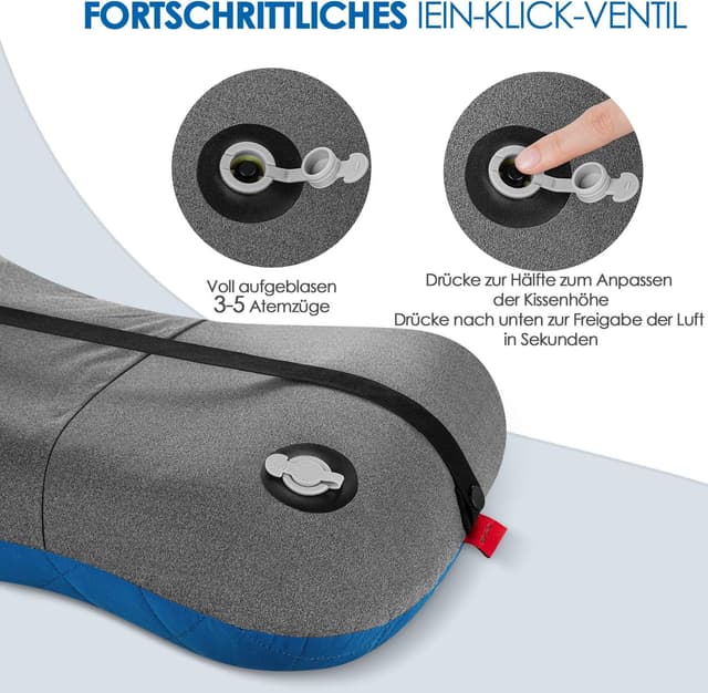 Detalle de HIKENTURE Aufblasbares Camping- & Reisekissen mit abziehbarem Kissenbezug (blau) – One Size