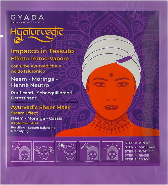 Detalle de GYADA COSMETICS Hyalurvedic Impacco Ayurvedico in tessuto purificante con cuffia effetto termico, per capelli grassi e sfibrati (60 ml)
