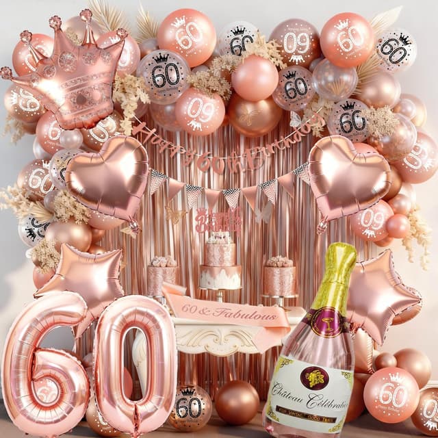 Detalle de VICTERR Rose Gold 60th Birthday Decoration Set (Happy 60th Birthday banner, number 60 balloons & foil curtains)
