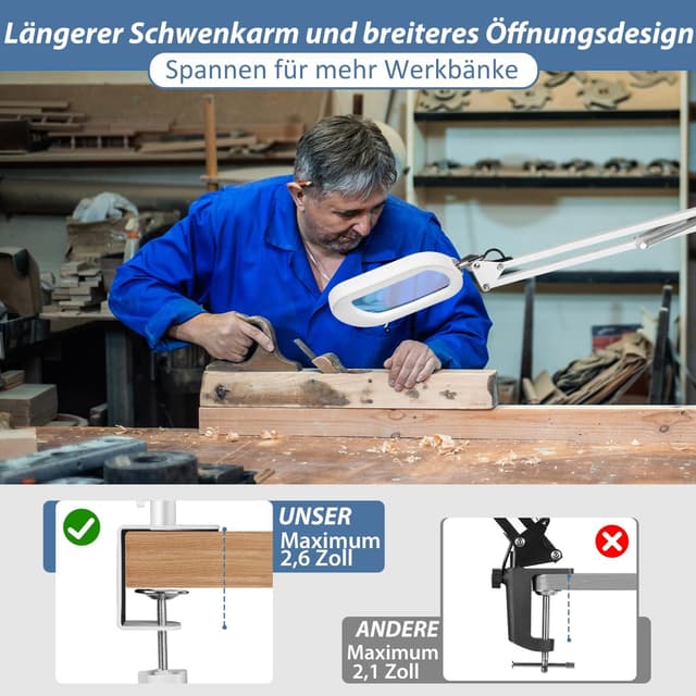 Detalle de Veemagni Loupe rectangulaire 10X avec lumière LED et pince (bras pivotant) — lampe de bureau mains libres