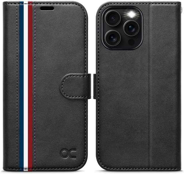 Detalle de OCASE iPhone 16 Pro Max Hülle mit Kartenfach, Standfunktion und RFID-Schutz (PU-Leder, Klapphülle) – Graphit