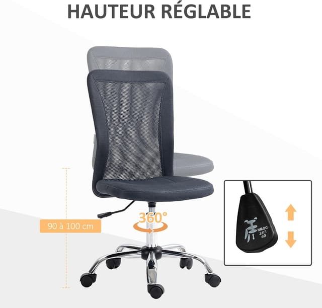 Detalle de Vinsetto Chaise de bureau ergonomique grise foncée, assise réglable et pivot 360° sur piètement chromé