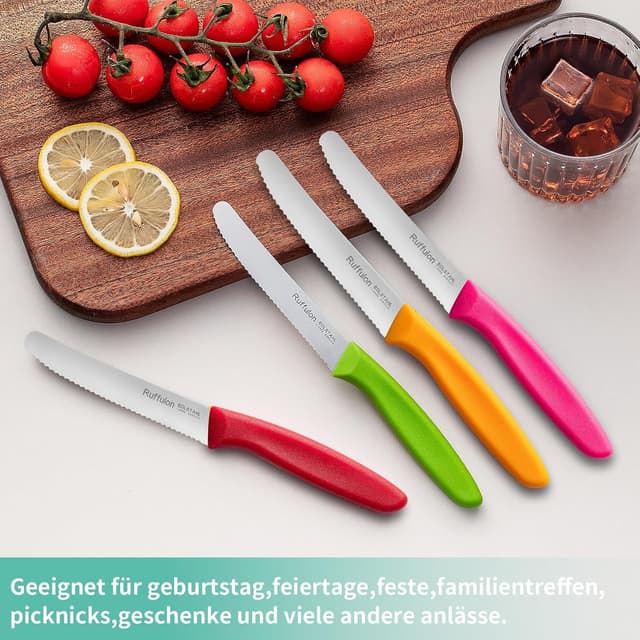 Detalle de Ruffulon Tafelmesser-Set (4 Stück) mit Wellentsschliff – Tomaten-/Brotmesser für Frühstück, Snack & Party