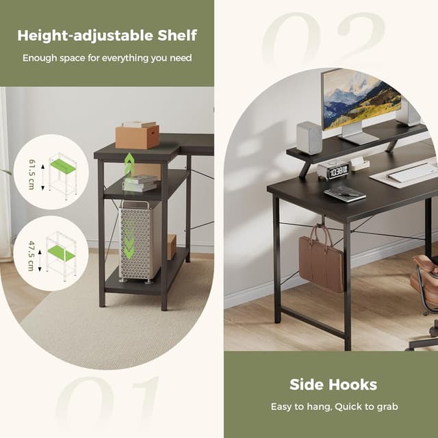 Detalle de Mericonia Small L-Shaped Desk with LED (120x70cm) and Monitor Stand, Black