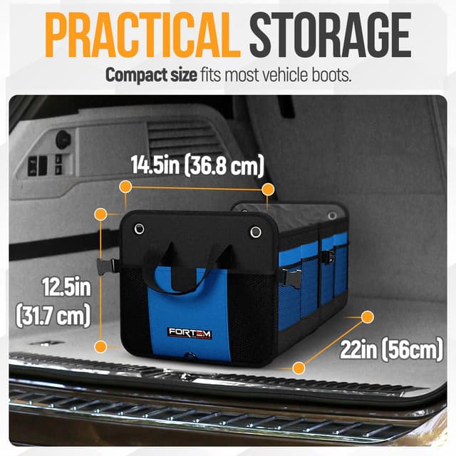 Detalle de FORTEM Car Boot Organiser (65L) – collapsible multi-compartment trunk storage with straps