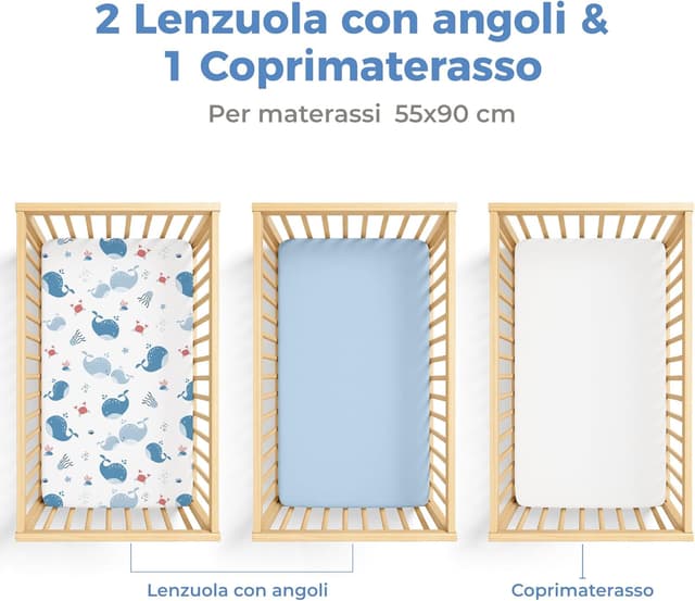 Detalle 2 de Dreamzie set 3 in 1 per culla neonato: 2 lenzuola + coprimaterasso impermeabile 55x90 cm Ocean