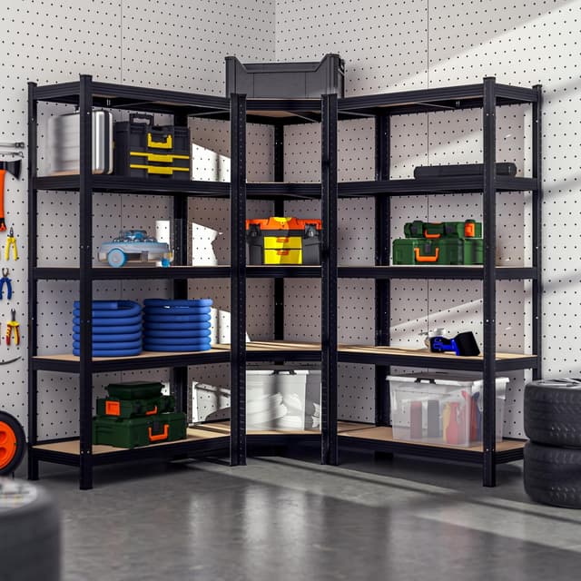 Detalle de Monzana 3er Set Schwerlastregal Eckregal (2625 kg) mit MDF-Platten, schwarz – modular & steckbar