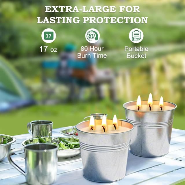 Detalle de Set of 2 Citronella Outdoor Candles (17 oz, Large 3-Wick Soy Wax) with Up to 180 Hours Burn Time