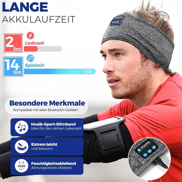 Detalle de Bluetooth Sport Stirnband 10 Stunden Grau