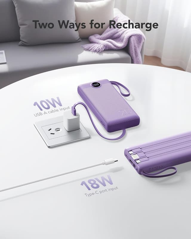 Detalle de VRURC Batterie Externe 20000 mAh avec 4 câbles intégrés et USB-C (20 W) — Violet